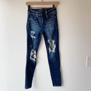 american eagle dark wash distressed jegging fit mid rise skinny jean size 2S